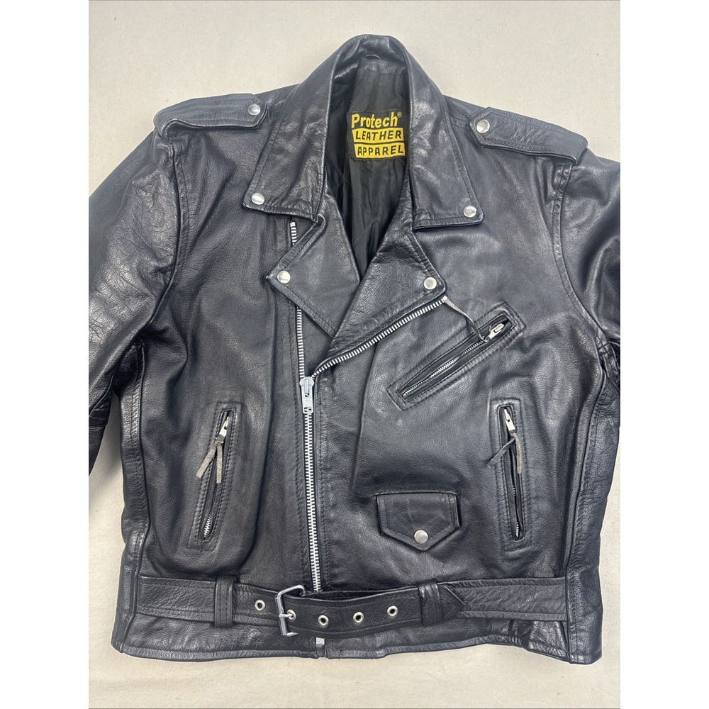 Vtg Protech Leather Apparel Biker Motorcycle Jacket With Belt. Size L.